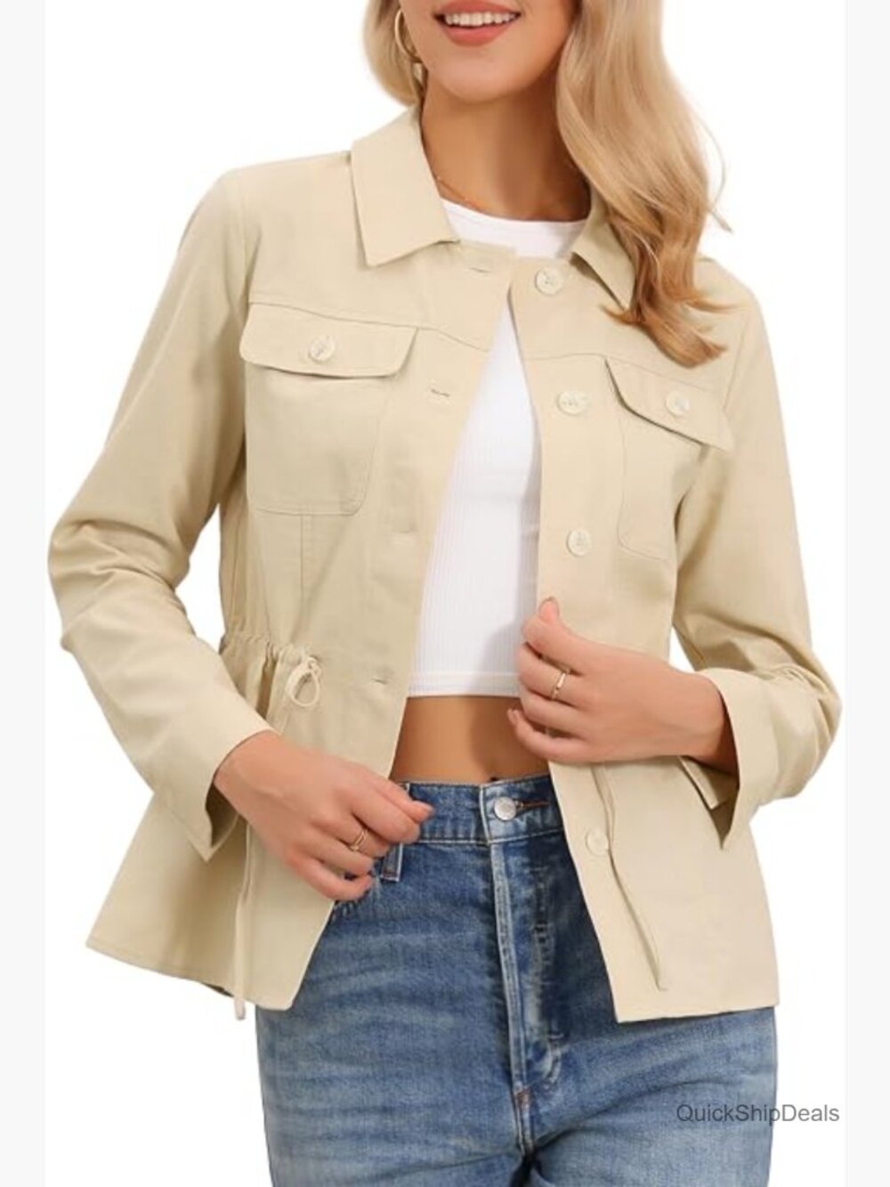 Linen Button Down Drawstring Waist Lightweight Utility Jacket